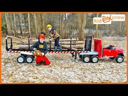 Hauling trees with kids ride on logging semi truck and cutting with chainsaw. Educational | Kid Crew