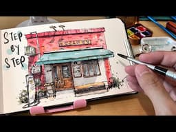 How I sketch a shopfront with ink and watercolor