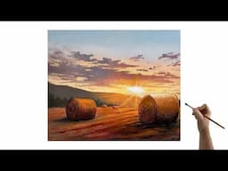 Sunset landscape oil painting - How to paint a sunset with oil paints - Hay bails painting