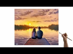 Sunset Painting | Sunset Painting for Beginners | Sunset on the Lake Acrylic Painting tutorial