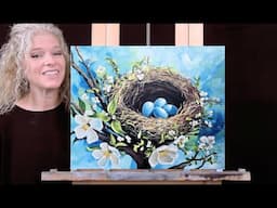 ROBIN EGGS-Learn How to Draw and Paint with Acrylics-Easy Nature Beginner Acrylic Painting Tutorial