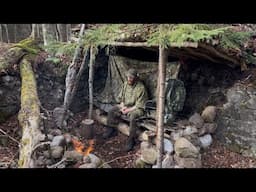 Underground shelter build and overnight in old stone cabin foundation   #bushcraft