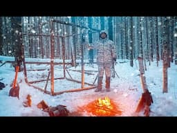 Building of a winter camp in the wild forest. Part 1. Cooking over a fire.