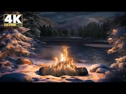 ❄️  Winter Wonderland Campfire | Crackling Fire by a Frozen Mountain Lake in 4K