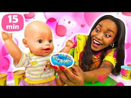 Pretend play cooking with Play-Doh toys & making toy clothes for doll. Baby dolls videos for kids.