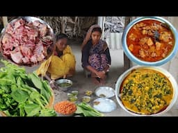 DAL PUI SHAK Recipe And CHICKEN MEAT CURRY cooking &eating by tribe couple.