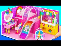 DIY Miniature Cute Unicorn House with Rainbow Slide, Claw Machine from Cardboard, Polyme Clay