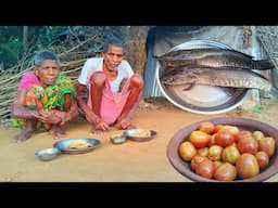 100 years old grandma how to cook SNAKE HEAD FISH curry and eating with her husband || village life