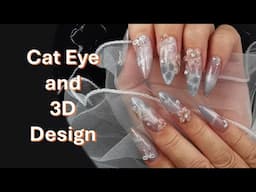 3D Flowers and Ombre Cateye Designs on Soft Gel Extentions