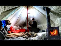 HOT TENT Winter CAMPING on a Backcountry Lake | Fishing & Cooking on Woodstove