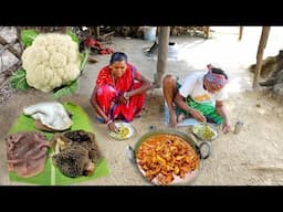 How santali tribe couple cooking GOAT INTESTINE with Cauliflower for their lunch