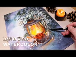 Watercolor Painting Of Light In Winter | How To Paint A Glowing Lamp