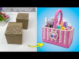 Amazing crafts from cardboard boxes // Wicker storage basket