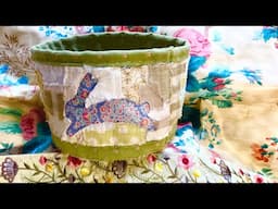 Patchwork style slow stitch fabric vessel using scraps | easy slow stitching project | container