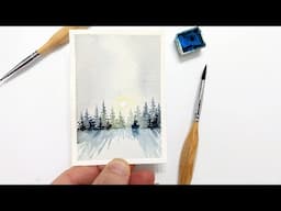 Cold winter sunrise WATERCOLOR painting tutorial for beginners »How to paint evergreen trees in mist