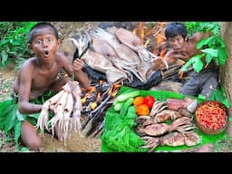 Primitive Technology - New Food Recipes In Jungle - Squid Eating