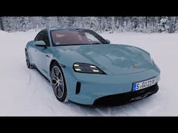 New 2025 Porsche Taycan 4 Shade Green Metallic, driving in Snow