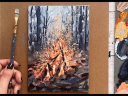 Loose Acrylic Fall Painting - Cozy Campfire Forest Landscape