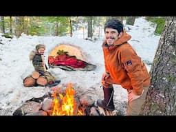 Winter Survival Camping in a Snow Cave With my  Son