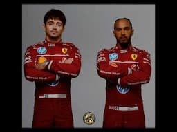 Lewis Hamilton and Charles Leclerc joking around with each other during Ferrari photo shoot