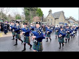 Scotland the Brave as Vale of Atholl Pipe Band march off at Pitlochry New Year 2025 Street Party