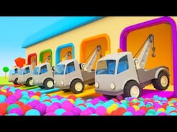 The colorful tow trucks take street vehicles to the repair shop and help other cars.