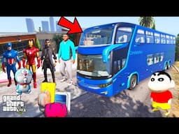 Franklin And Shinchan Plane A Road Trip With LUXURY BUS With Avengers In GTA V