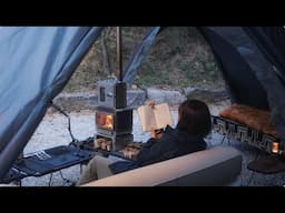 Cool fall camping, lying on the air sofa, roasting ribs in the wood stove oven, and relaxing. ASMR