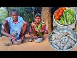 100 years old grandma cooking SMALL FISH curry and eating with hot rice || rural life cooking