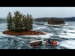 Overnight on a FROZEN ISLAND in a Snowmobile Cabin