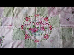 A Hint of Spring? Four Patch Quilt with Appliqué Pre-loved Hand Embroidery, A Flower Strewn Quilt