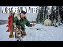 Ice Fishing & Winter Camping in the Snow with a Wall Tent & Wood Stove