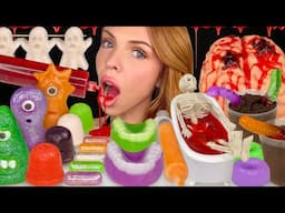 ASMR MUKBANG, Halloween Treats, Edible Blood, Worms N Dirt, Marzipan Monsters, Brain Jello, Food 먹방