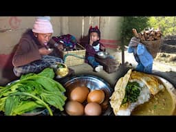 Egg Omelette & Mustard (RAYO) recipe with Rice cooking & eating in village || Nepali village Food