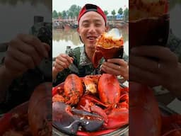 Funny chinese fisherman eating seafood mukbang