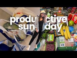 Productive Sunday ☀️🛒 healthy grocery haul, high protein meal prep, & house chores!