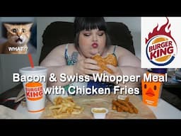 Burger King Bacon Swiss Whopper with Chicken Fries and a Diet Coke Eating Show Cops and Katrina