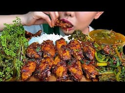 SPICY FRIED CHICKEN WINGS, SPICY YELLOW MUSTARD PLANT & WHITE RICE * MUKBANG SOUNDS *