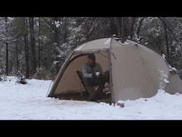 Camping in RAIN and SNOW Storm with My Dog . Cozy Wood Stove  ASMR