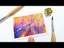 Northern lights in winter forest painting tutorial » Beginner WATERCOLOR winter branches and trees