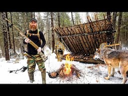 3-Days Bushcraft Winter Camping in Freezing Rain - Hunting Food, & Building Survival Shelter