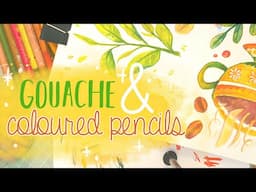 Painting a sketchbook spread with gouache and coloured pencils | draw with me