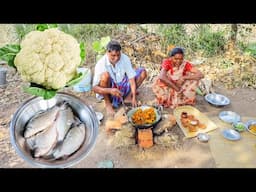 Japani Puti fish curry with Cauliflower cooking & eating by santali tribe old couple