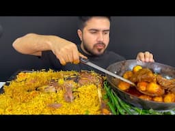 ASMR; Eating Spicy Mutton Legs Biryani+Sipcy Eggs & Chicken Curry+Green Chilli || Real Mukbang