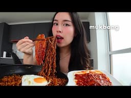 black bean noodles with spicy enoki mushrooms *mukbang*