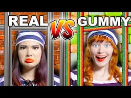 GUMMY VS REAL FOOD IN JAIL CHALLENGE FOR 24 HOURS | REAL JAIL VS GUMMY JAIL BY SWEEDEE