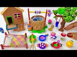 DIY How to make polymer clay miniature house, water well, kitchen set, tree, Charpai | Village house