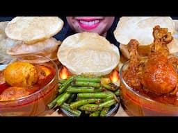 ASMR SPICY CHICKEN CURRY, EGG CURRY, GREEN BEANS MASALA, PURI MASSIVE Eating Sounds