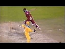 World Cup 1992. Angry Ambrose threatens to knock the stumps over after being run out against Aust.