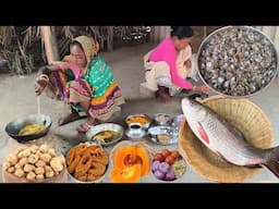 FISH CURRY Recipe  And VEGETABLE CURRY cooking &eating by our mother and daughter||rural life India